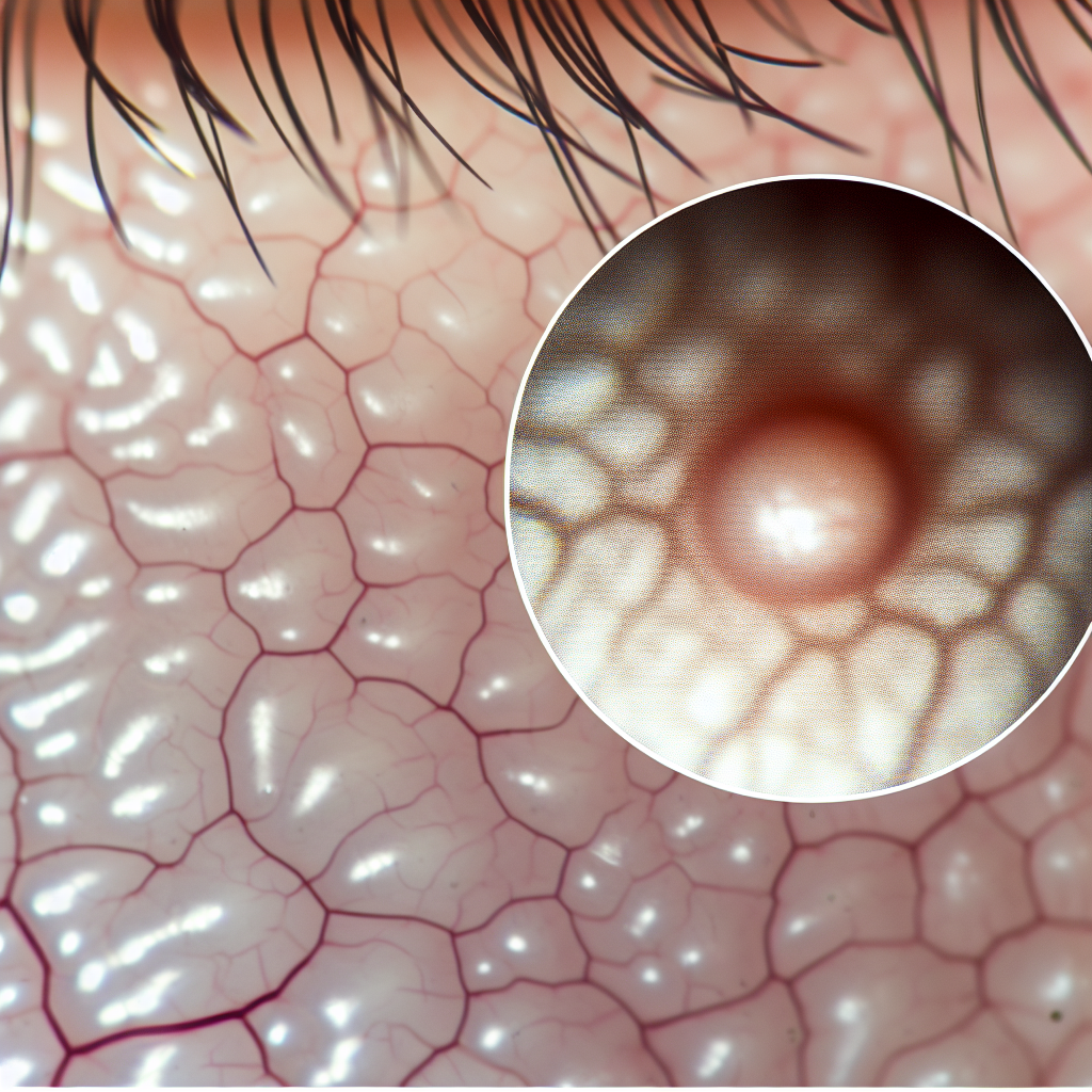 A close-up of an eyelid with a small, painless lump.