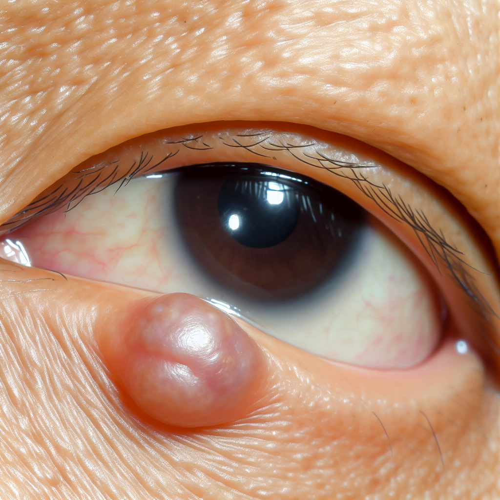 A close-up of an eyelid with a visible lump caused by chalazion.