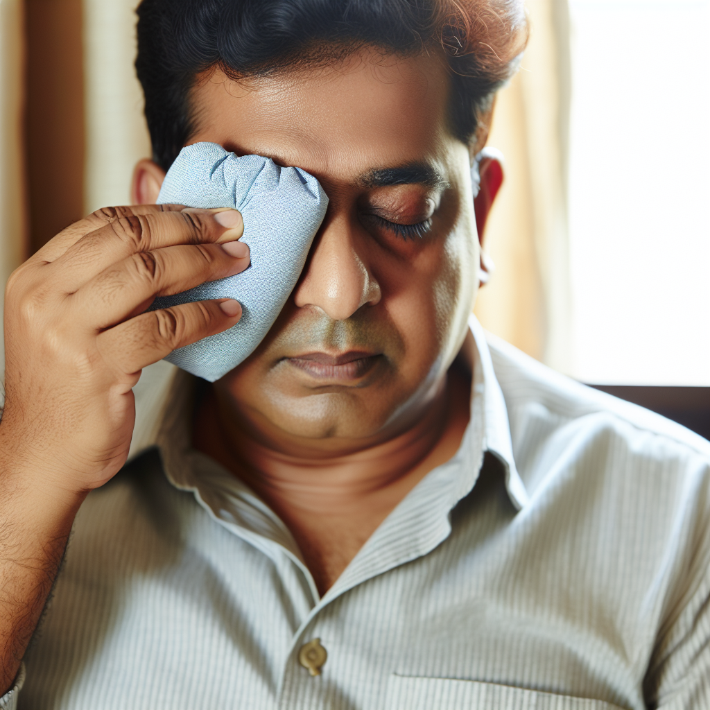 A person applying warm compresses to their closed eye.