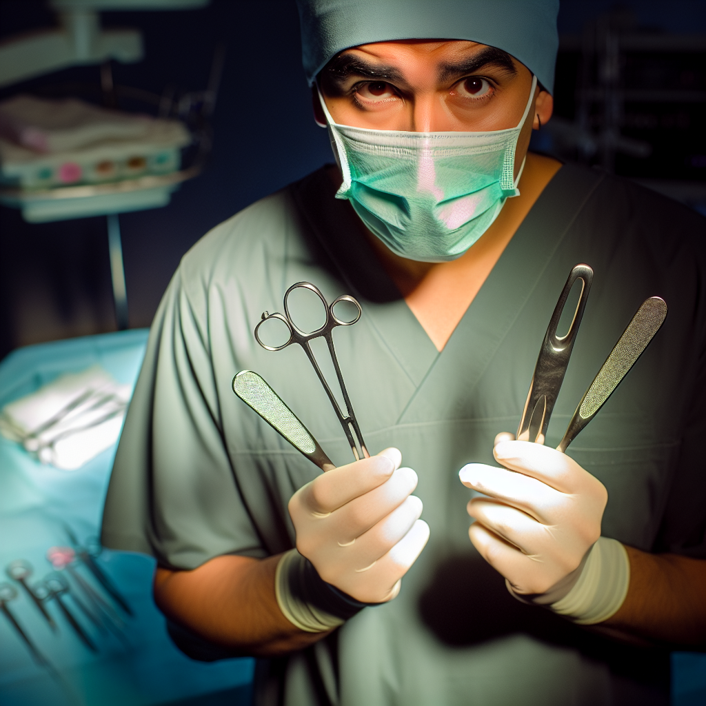 A surgeon holding three different tools.